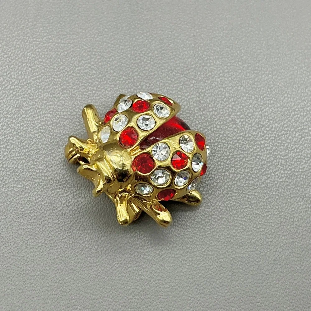 Ladybug Brooch Womens Gold Tone Red White Rhinestone Insect Animal Pin 0.75